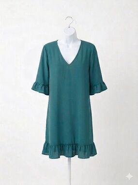 LUCKYMORE Teal Ruffle Sleeve Shift Dress